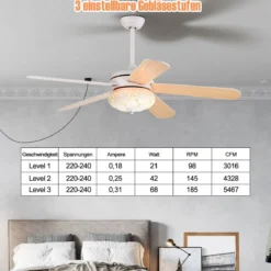 Deckenventilator mit Fernbedienung 132 cm Durchmesser Deckenlüfter mit 2 Stäben Weiß