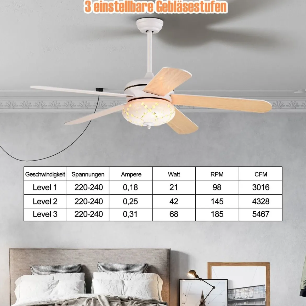 Deckenventilator mit Fernbedienung 132 cm Durchmesser Deckenlüfter mit 2 Stäben Weiß
