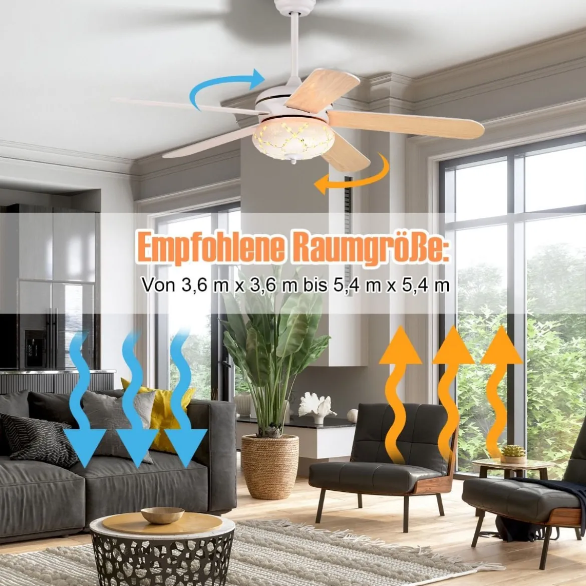 Deckenventilator mit Fernbedienung 132 cm Durchmesser Deckenlüfter mit 2 Stäben Weiß