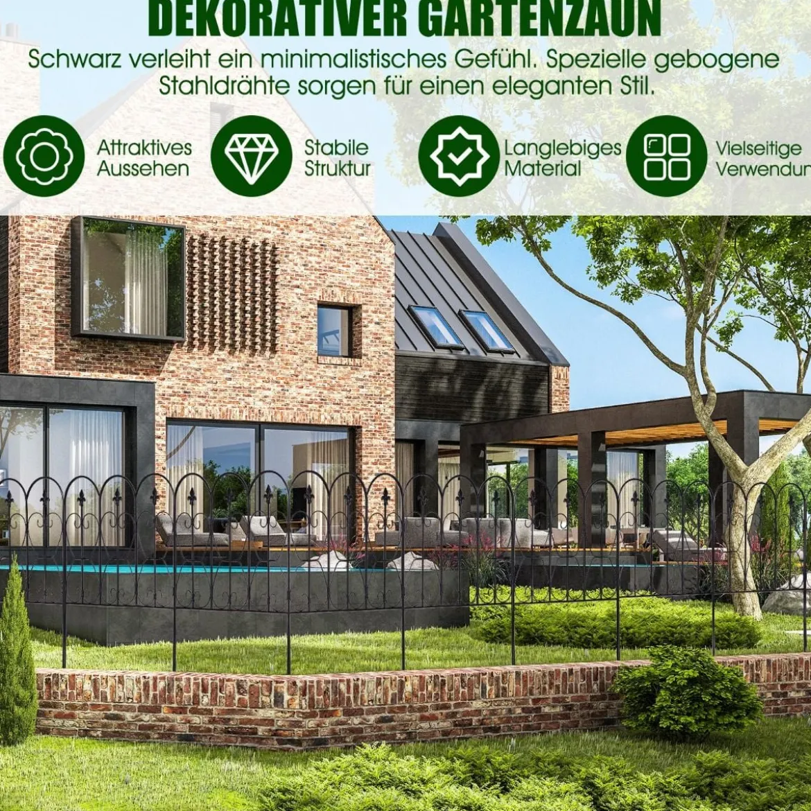Dekorativer Gartenzaun Metallzäune mit Gewölbtem Design 63 x 80 cm Schwarz