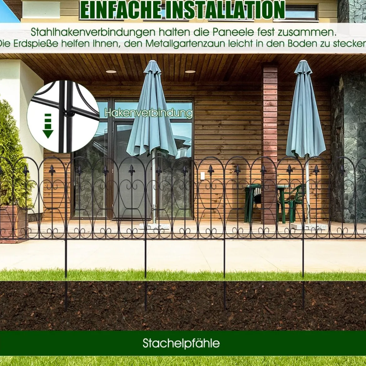 Dekorativer Gartenzaun Metallzäune mit Gewölbtem Design 63 x 80 cm Schwarz