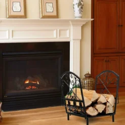 Dekoratives Brennholzregal Stabiles Holzlagerregal aus Stahl mit Griffen 36 x 32 x 35 cm Schwarz