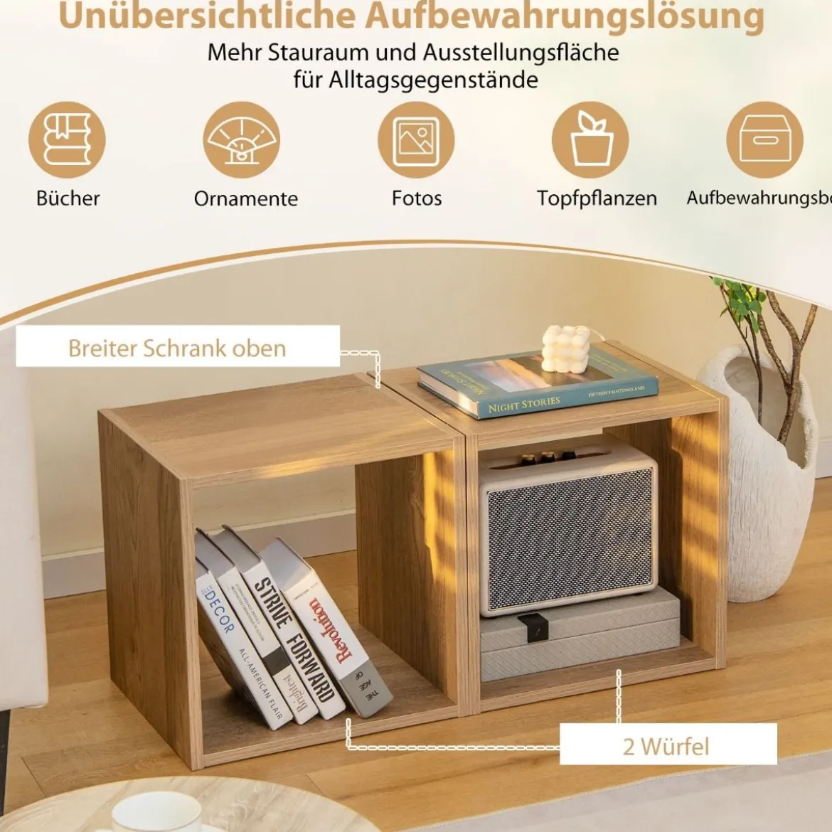 2 Dekorative Würfelregale Stapelbare Aufbewahrungsregale Natur