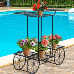 Dekor-Blumenständer Pflanzenständer mit 6 Ablagen Freistehender Blumenwagen für Innen und Außen Metall schwarz 80,5 x 25 x 75