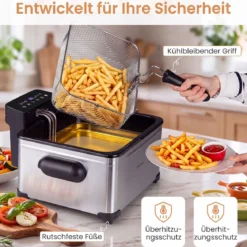 Digitale Fritteuse mit Öl 5 L 1700 W Edelstahl Frittiertopf Pommes mit 3 Körben & 6 Programmen