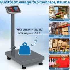 Digitale Plattformwaage 300kg / 50g Paketwaage mit Preisrechner LB/KG multifunktionale Ladenwaage Silber