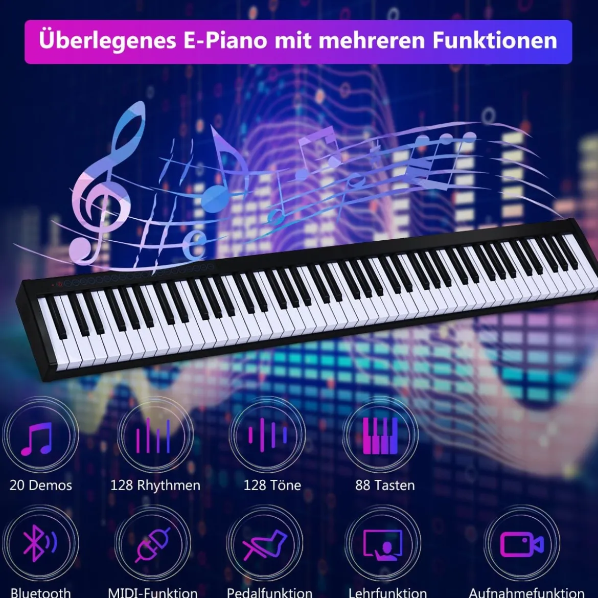 Digitales Piano Keyboard 88 Tasten tragbares elektronisches Musikinstrument Kinderklavier Kinderpiano Schwarz