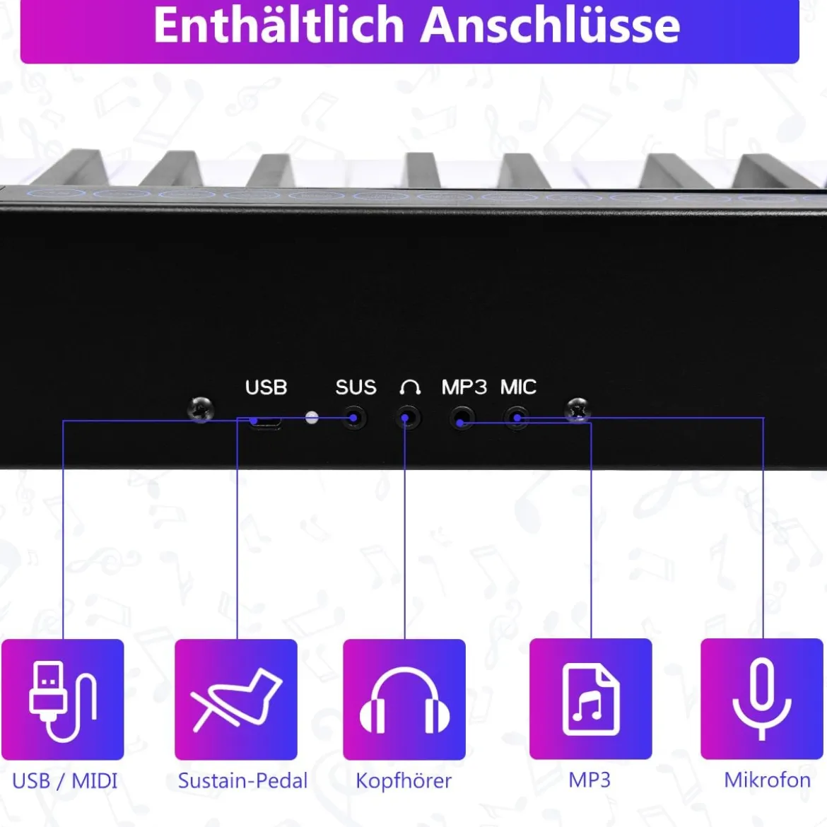 Digitales Piano Keyboard 88 Tasten tragbares elektronisches Musikinstrument Kinderklavier Kinderpiano Schwarz