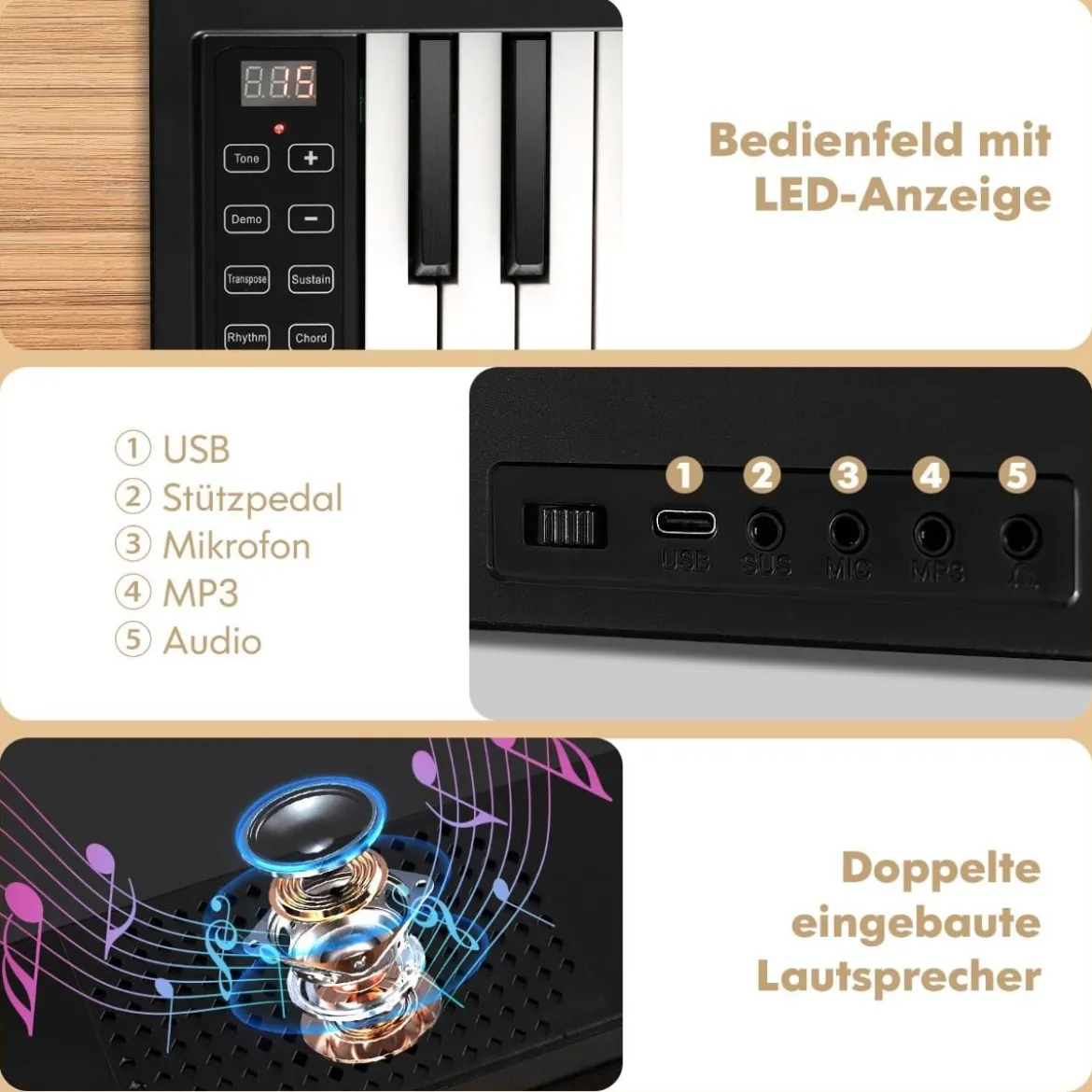 Digital Piano mit 61 Tasten & Bluetooth & Notenständer & Pedal & Klaviertasche Klappbar