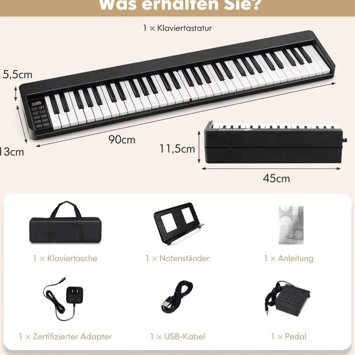 Digital Piano mit 61 Tasten & Bluetooth & Notenständer & Pedal & Klaviertasche Klappbar