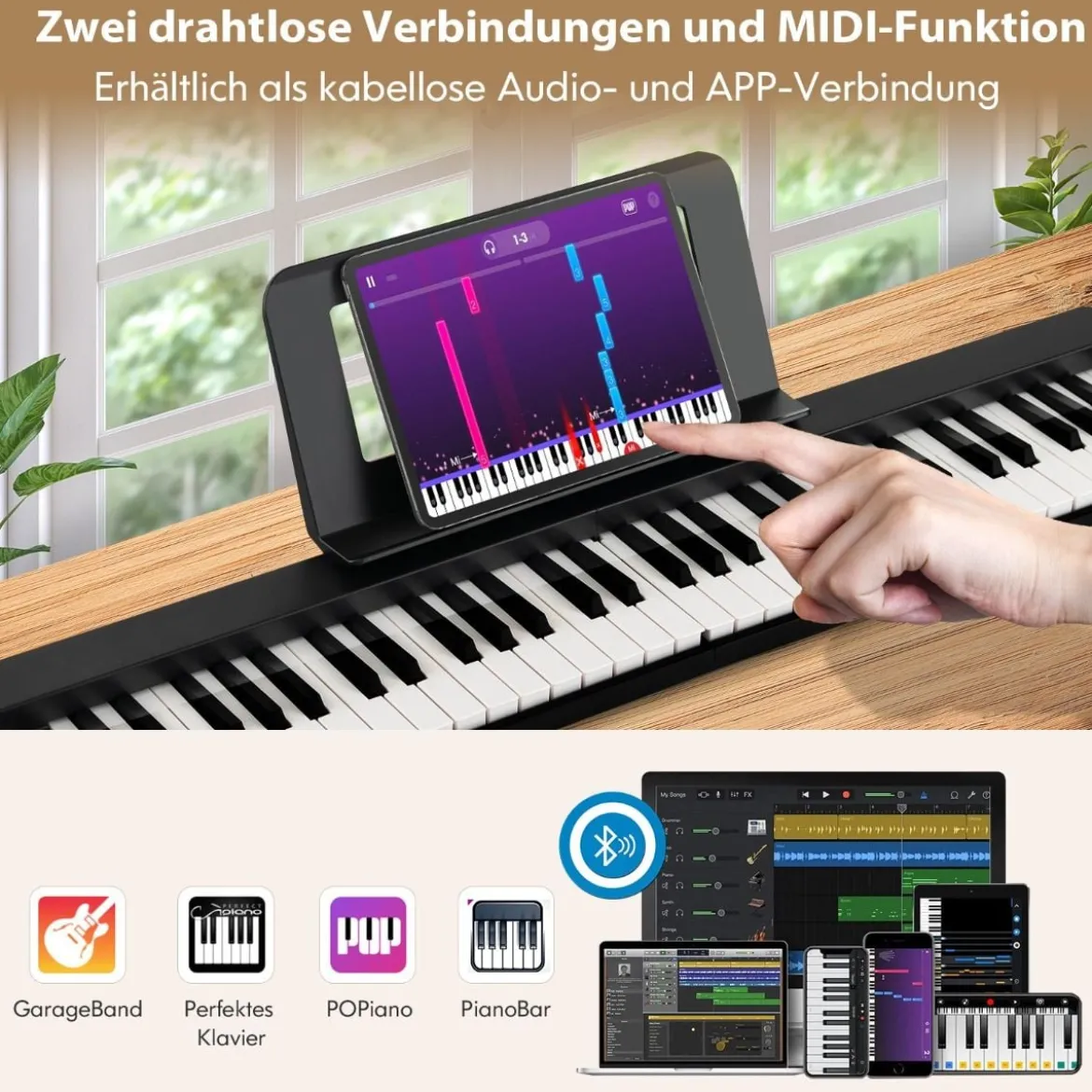 Digital Piano mit 61 Tasten & Bluetooth & Notenständer & Pedal & Klaviertasche Klappbar