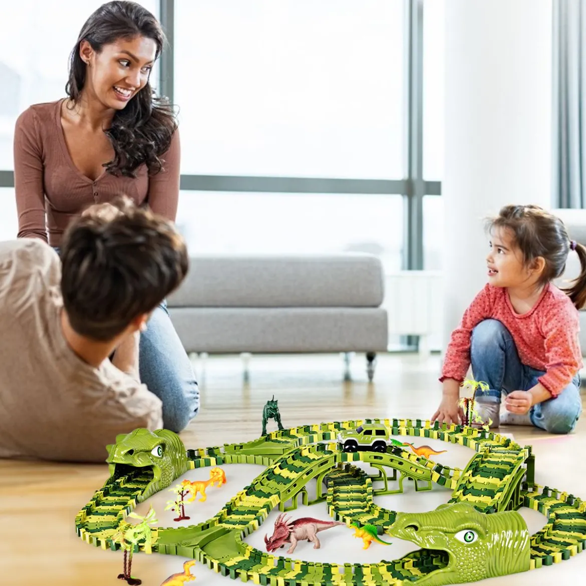 Dinosaurier Rennstrecke Autos Schienenbahn Spielset für Kinder