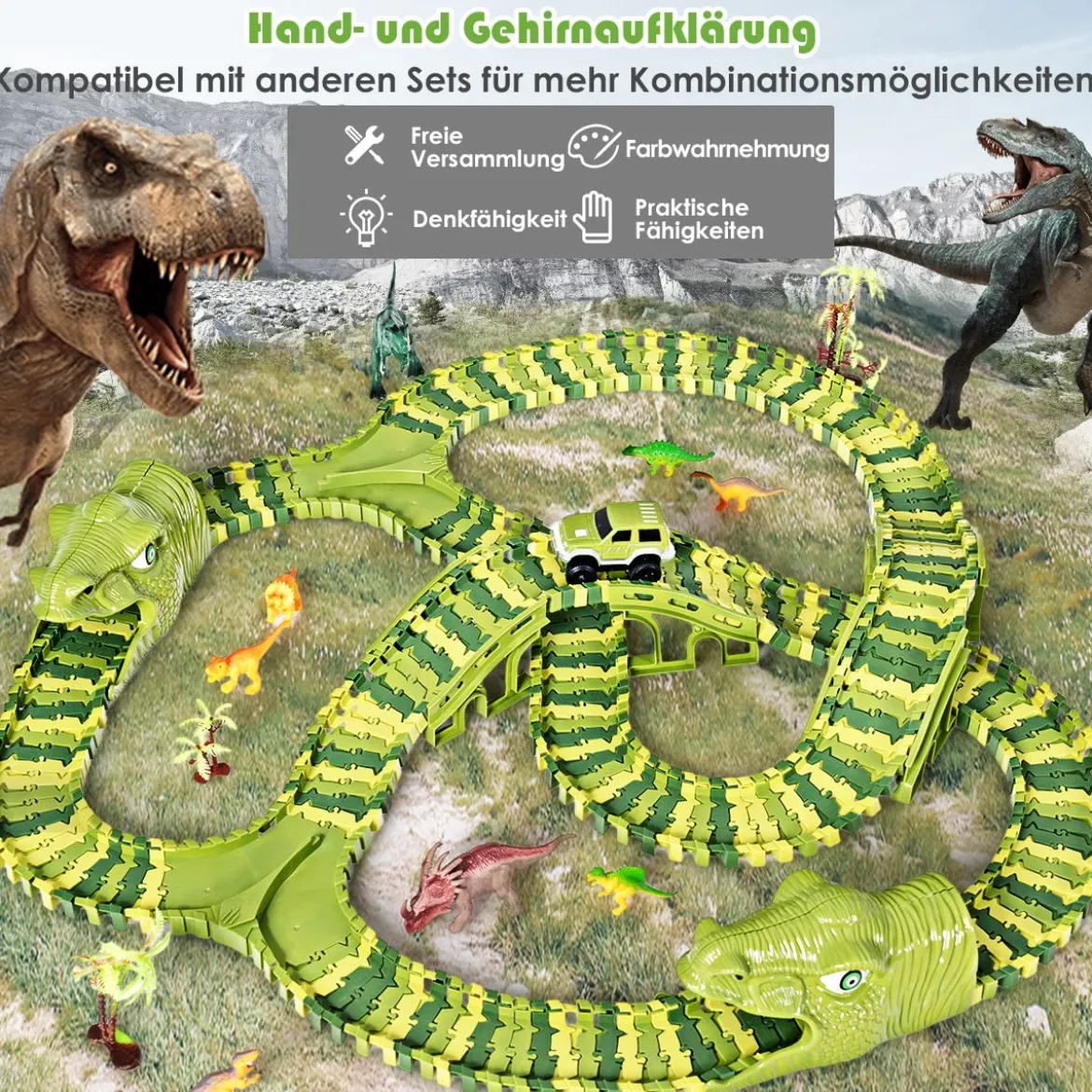 Dinosaurier Rennstrecke Autos Schienenbahn Spielset für Kinder