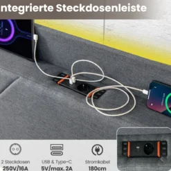 Doppelbettgestell inkl. LED-Leuchten gepolstertes Plattformbett mit Ladestation 2 Aufbewahrungstaschen & 4 Schubladen Grau (200 x 140 cm)