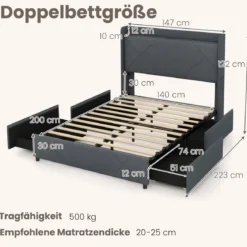 Doppelbettgestell inkl. LED-Leuchten gepolstertes Plattformbett mit Ladestation 2 Aufbewahrungstaschen & 4 Schubladen Grau (200 x 140 cm)
