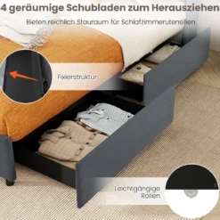 Doppelbettgestell inkl. LED-Leuchten gepolstertes Plattformbett mit Ladestation Grau 200 x 160 cm
