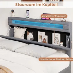 Doppelbettgestell mit LED-Leuchten & USB-Anschlüssen Modernes Plattformbett 140 x 200 cm Grau