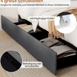 Doppelbettgestell mit LED-Leuchten & USB-Anschlüssen Modernes Plattformbett 140 x 200 cm Grau