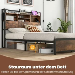 Doppelbettgestell mit LED-Lichtern & Ladestation Industrielles Plattformbett 200 x 140 cm/200 x 160 cm