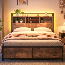 Doppelbettgestell mit LED-Lichtern & Ladestation Industrielles Plattformbett 200 x 140 cm/200 x 160 cm