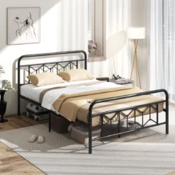 Doppelbett Metallgestell für 200 x 140 cm Matratze Metallbettgestell mit Kopfteil Gästebett Schwarz