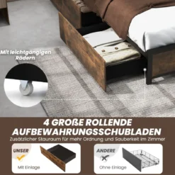 Doppelbettrahmen mit LED Plattformbett & Schubladen geräuschfreies Bettgestell Rustikales Braun