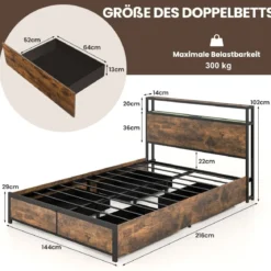 Doppelbettrahmen mit LED Plattformbett & Schubladen geräuschfreies Bettgestell Rustikales Braun
