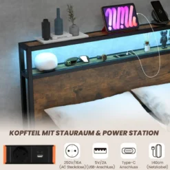 Doppelbettrahmen mit LED Plattformbett & Schubladen geräuschfreies Bettgestell Rustikales Braun