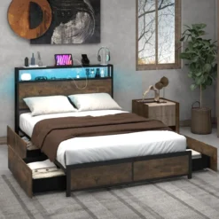 Doppelbettrahmen mit LED Plattformbett & Schubladen geräuschfreies Bettgestell Rustikales Braun