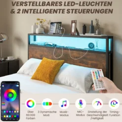 Doppelbettrahmen mit LED Plattformbett & Schubladen geräuschfreies Bettgestell Rustikales Braun