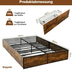 Doppelbettrahmen Strapazierfähiges Metallbett mit 4 Schubladen Holzfußende Rustikales Braun