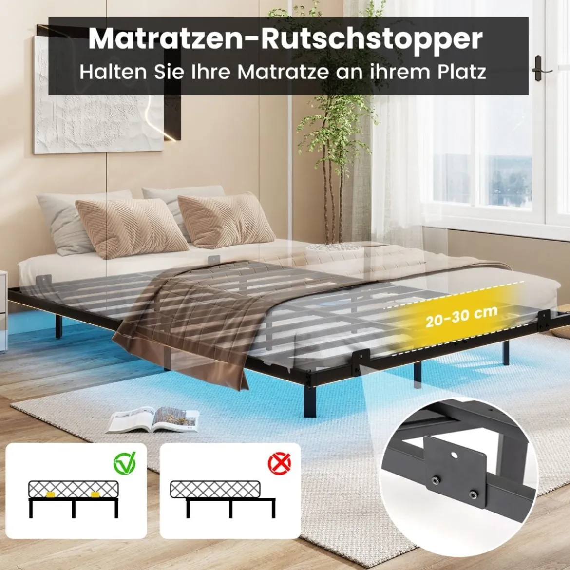 Doppelbett Schwebebettgestell mit LED-Leuchten modernes Bettgestell aus Metall Schwarz 140 x 200 cm