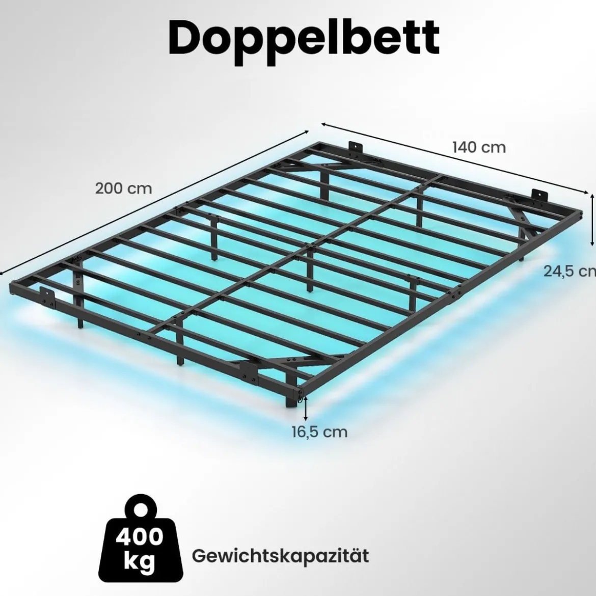 Doppelbett Schwebebettgestell mit LED-Leuchten modernes Bettgestell aus Metall Schwarz 140 x 200 cm