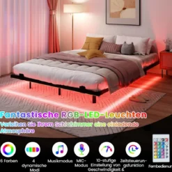 Doppelbett Schwebebettgestell mit LED-Leuchten modernes Bettgestell aus Metall Schwarz 140 x 200 cm