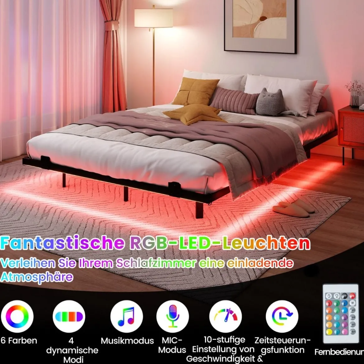 Doppelbett Schwebebettgestell mit LED-Leuchten modernes Bettgestell aus Metall Schwarz 140 x 200 cm