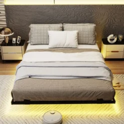 Doppelbett Schwebebettgestell mit LED-Leuchten modernes Bettgestell aus Metall Schwarz 140 x 200 cm
