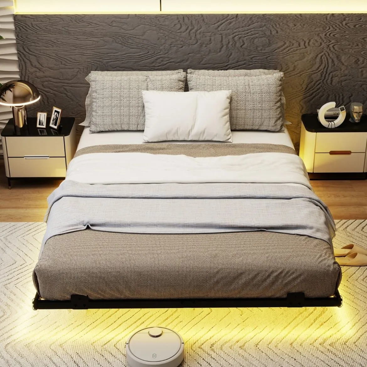 Doppelbett Schwebebettgestell mit LED-Leuchten modernes Bettgestell aus Metall Schwarz 140 x 200 cm