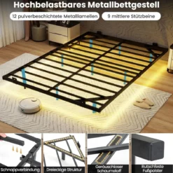 Doppelbett Schwebebettgestell mit LED-Leuchten modernes Bettgestell aus Metall Schwarz 140 x 200 cm