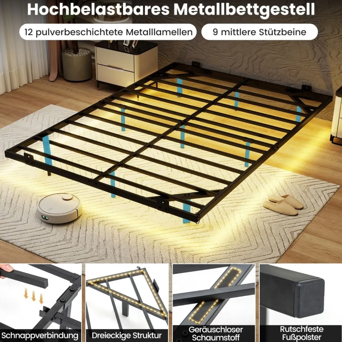 Doppelbett Schwebebettgestell mit LED-Leuchten modernes Bettgestell aus Metall Schwarz 140 x 200 cm