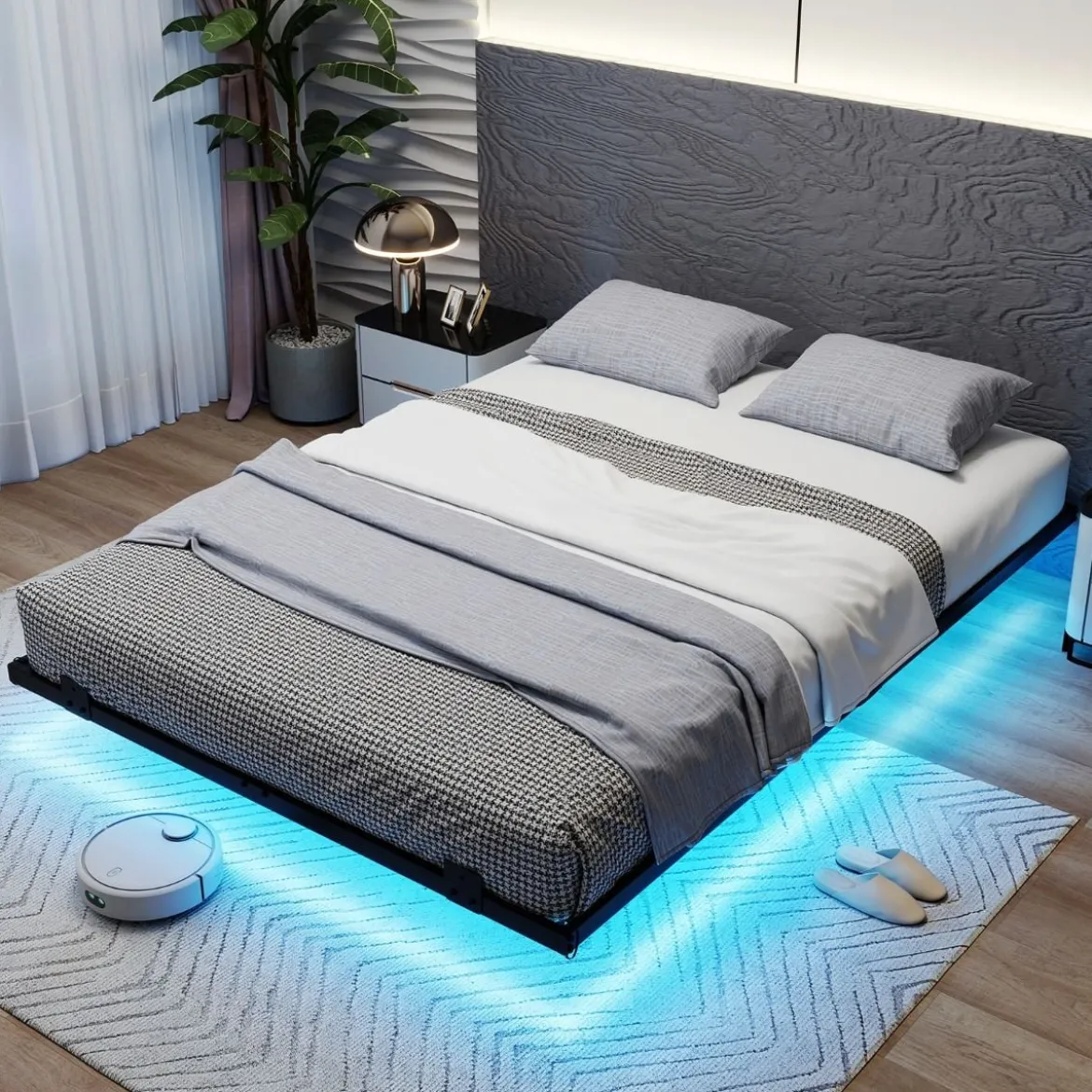 Doppelbett Schwebebettgestell mit LED-Leuchten modernes Bettgestell aus Metall Schwarz 140 x 200 cm