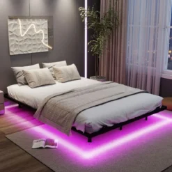 Doppelbett Schwebebettgestell mit LED-Leuchten modernes Bettgestell aus Metall Schwarz 140 x 200 cm