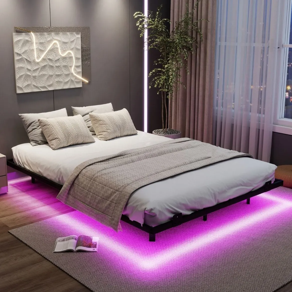 Doppelbett Schwebebettgestell mit LED-Leuchten modernes Bettgestell aus Metall Schwarz 140 x 200 cm