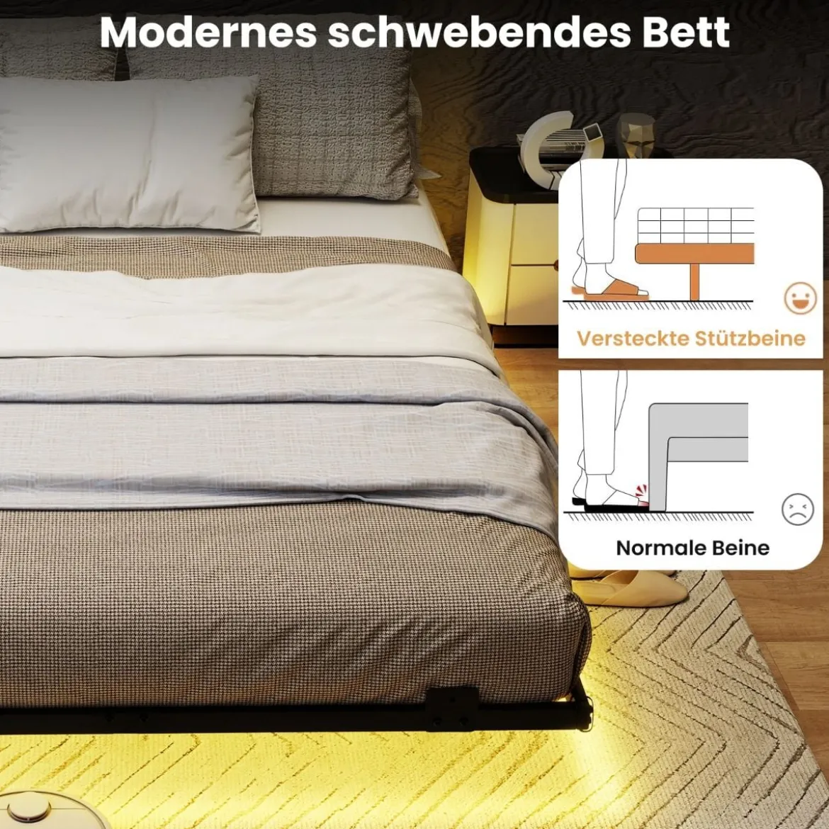 Doppelbett Schwebebettgestell mit LED-Leuchten modernes Bettgestell aus Metall Schwarz 140 x 200 cm