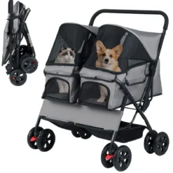 Doppel Hundebuggy mit 2-Sitzer-Tragetasche & Verstellbarem Sonnenschutz Katzenwagen Grau