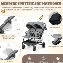 Doppel-Kinderwagen Geschwisterwagen mit Individueller Neigung 105 x 78,5 x 106 cm Grau