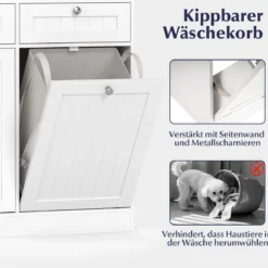 Doppel-kippbarer Wäscheschrank mit Regal & 2 Schubladen & 2 Abnehmbaren Wäschesäcken Weiß