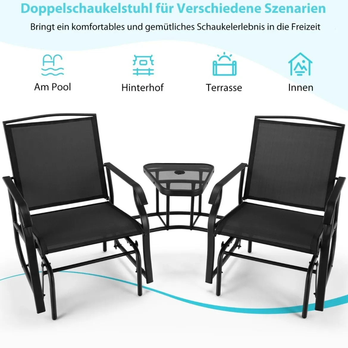 Doppelschaukel Gleiterstuhl mit Tisch & Schirmloch Gartenbank Sitzgarnitur Schwarz