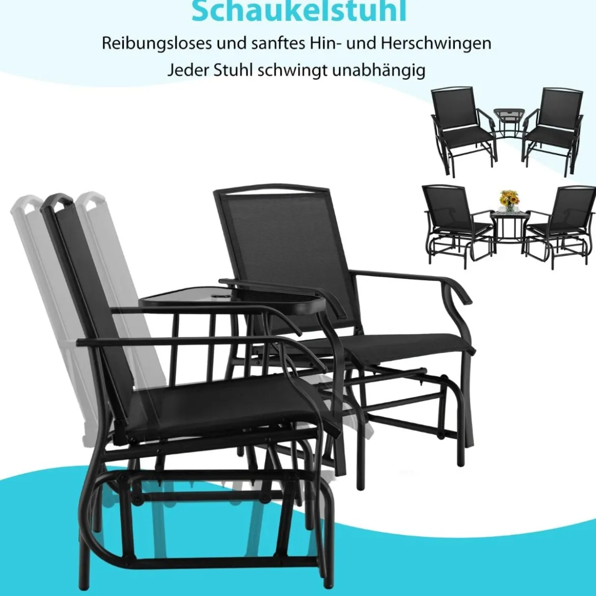 Doppelschaukel Gleiterstuhl mit Tisch & Schirmloch Gartenbank Sitzgarnitur Schwarz