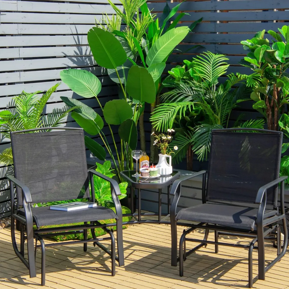 Doppelschaukel Gleiterstuhl mit Tisch & Schirmloch Gartenbank Sitzgarnitur Schwarz