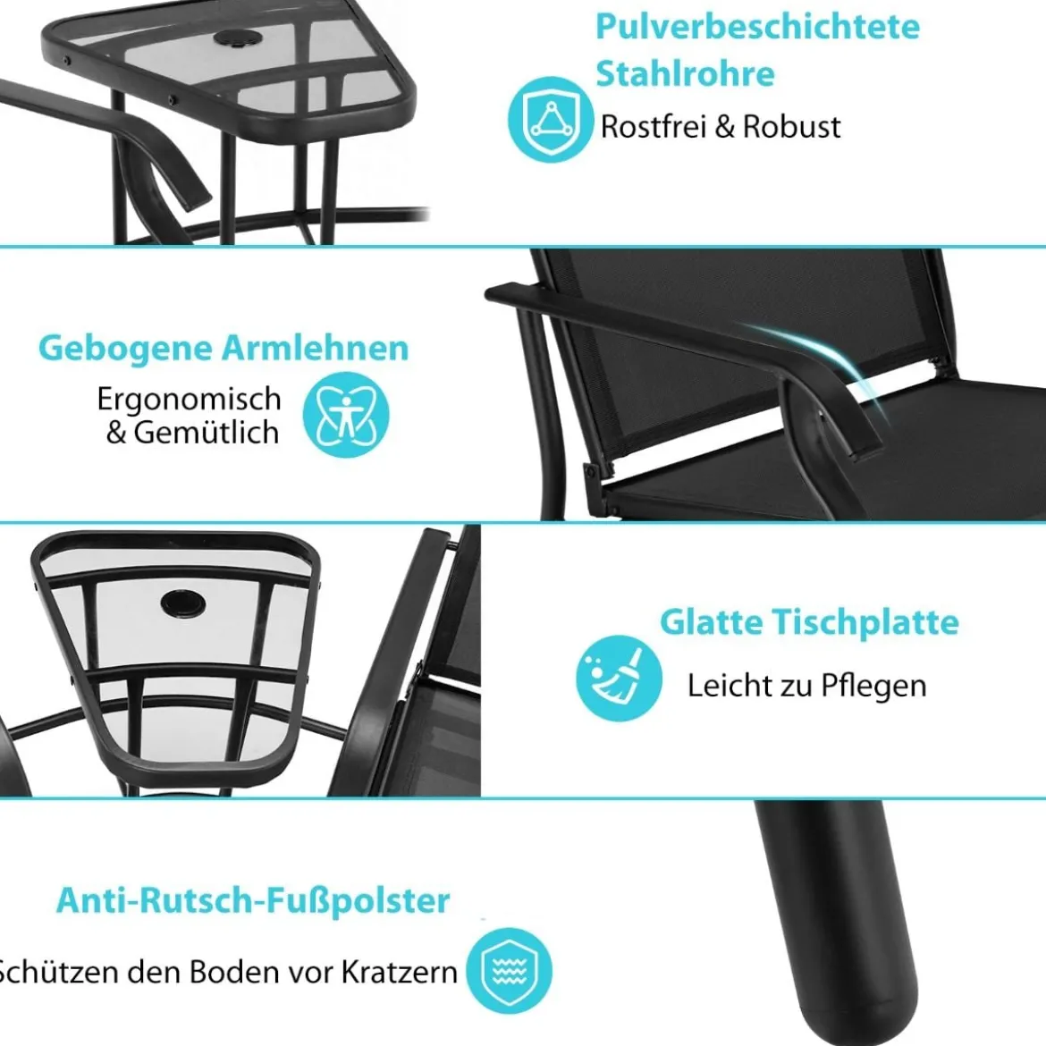 Doppelschaukel Gleiterstuhl mit Tisch & Schirmloch Gartenbank Sitzgarnitur Schwarz